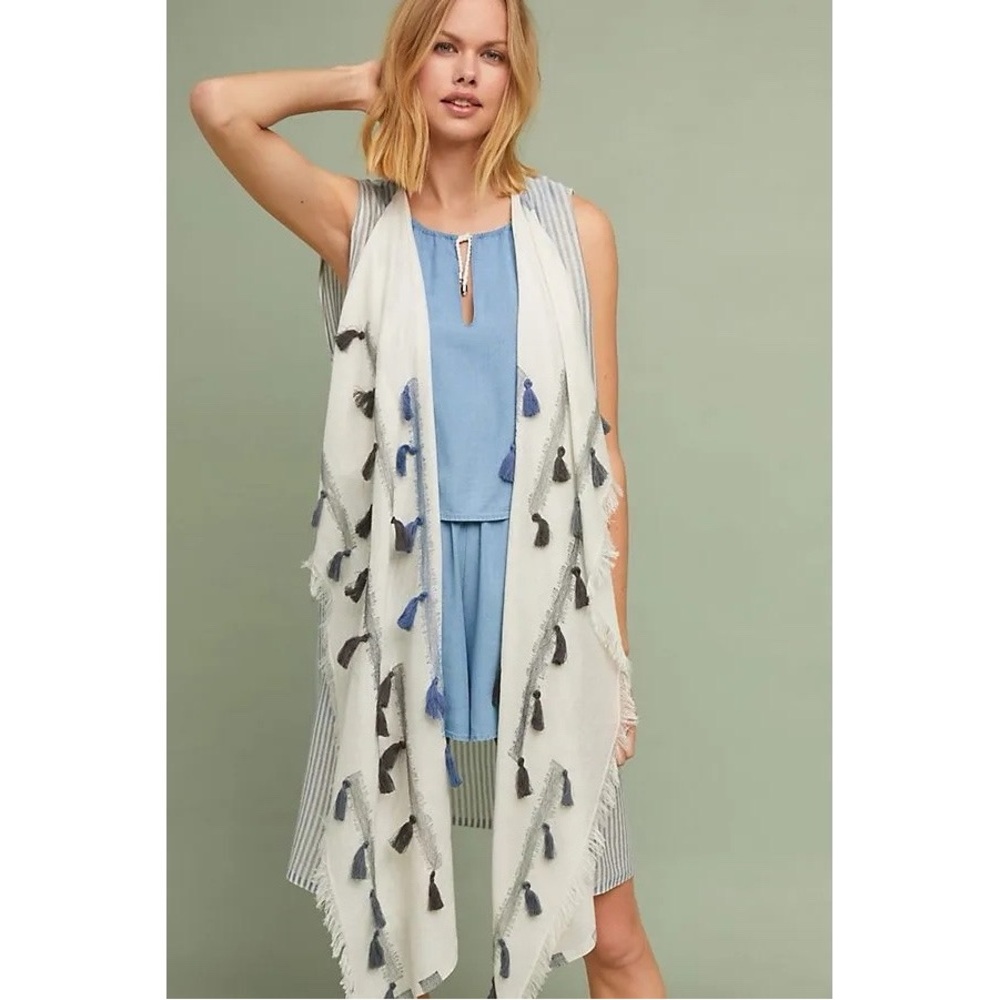 Anthropologie Tassel Fringe Draped Open Front Cotton Vest in Blue & White Stripe